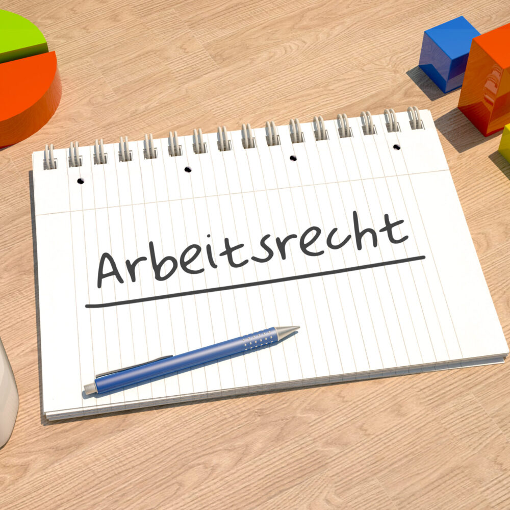 Arbeitsrecht - german word for labor law - text concept with notebook, coffee mug, bar graph and pie chart on wooden background - 3d render illustration.