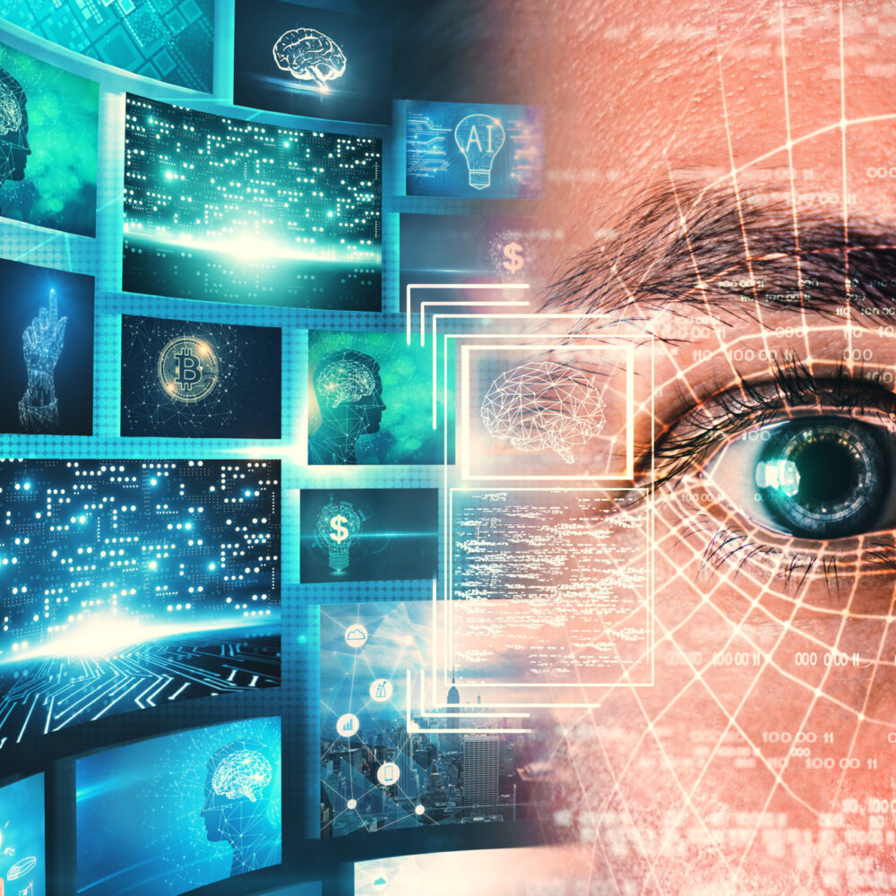 Access and technology concept Access and technology concept. Abstract man portrait with face ID eye interface om blurry blue background. Double exposure