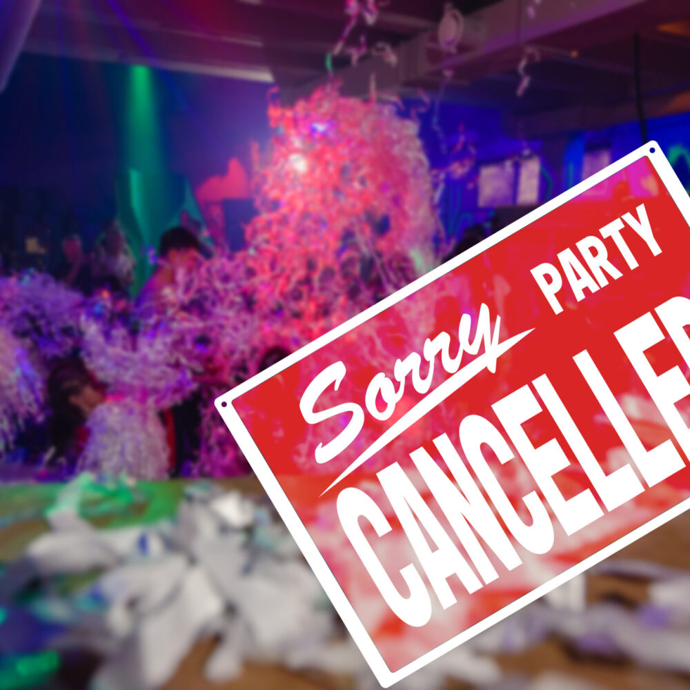 Crowd of kids on disco party with cancelled sign to maintain social distance, precautions during a pandemic, fighting covid virus, social distancing.