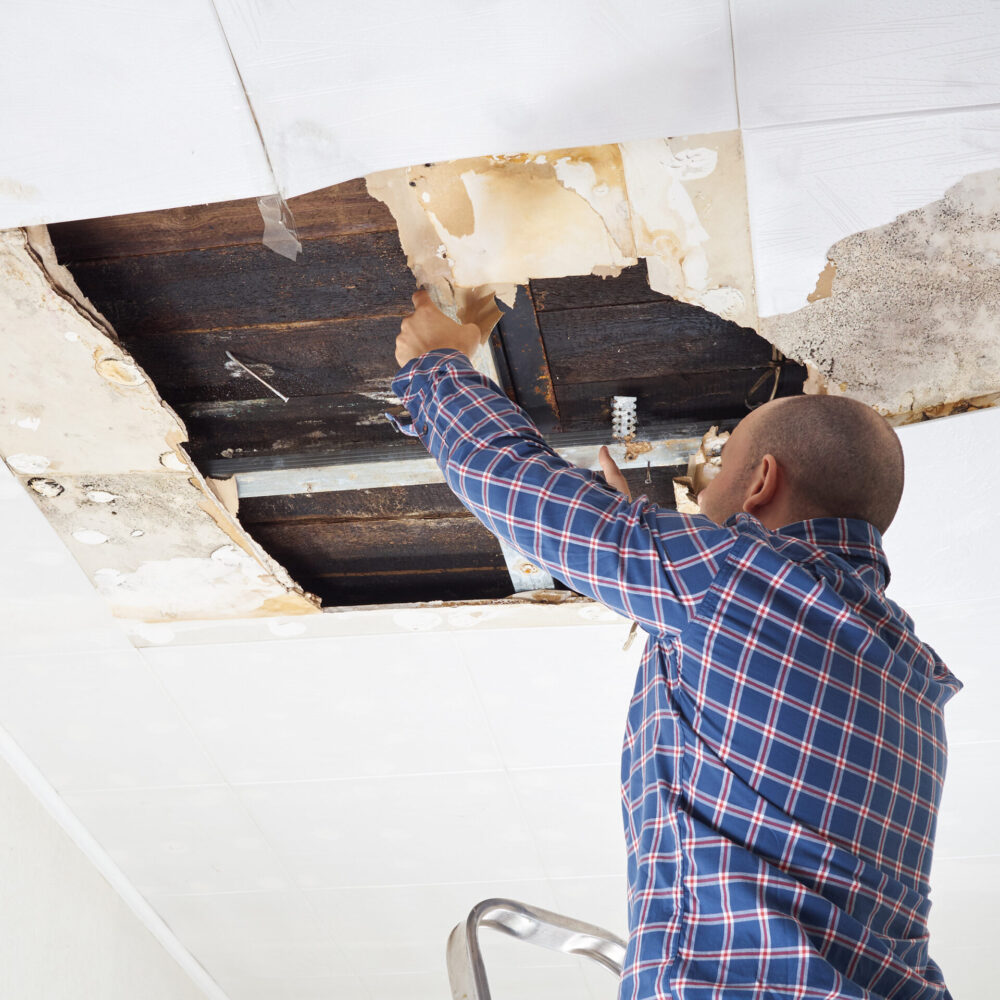 Man repairing collapsed ceiling. Ceiling panels damaged huge hole in roof from rainwater leakage.Water damaged ceiling .