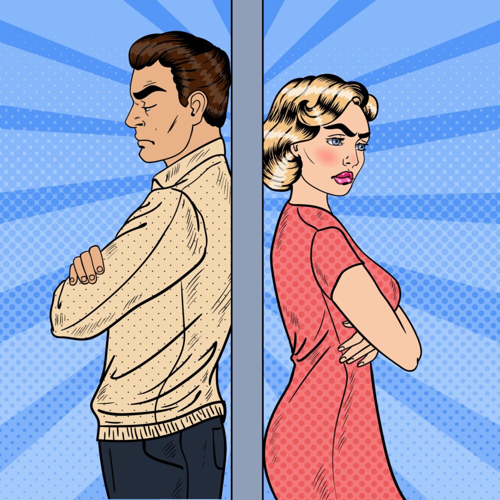 Family Quarrel - Unhappy Young Couple Standing Arms Crossed Back to Back. Pop Art Vector illustration